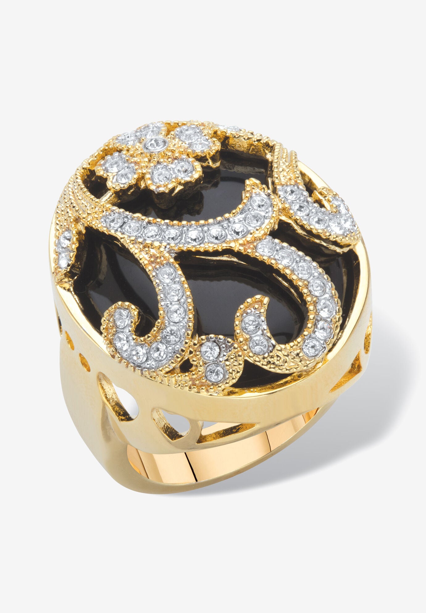 Yellow Gold-Plated Natural Black Onyx and Round Crystal Oval Ring, ONYX, hi-res image number 0