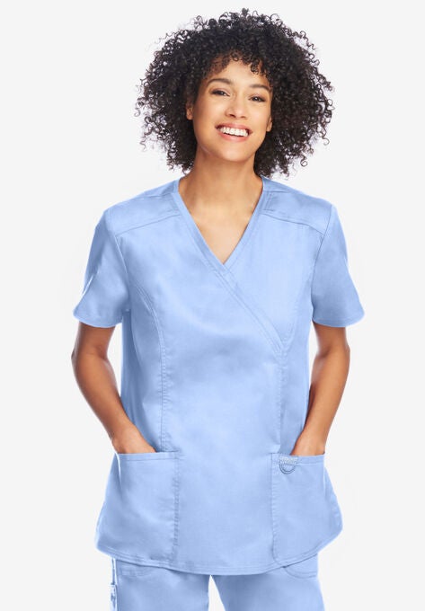 Modern Classic V-Neck Mock Wrap Scrub Top, SKY BLUE, hi-res image number null
