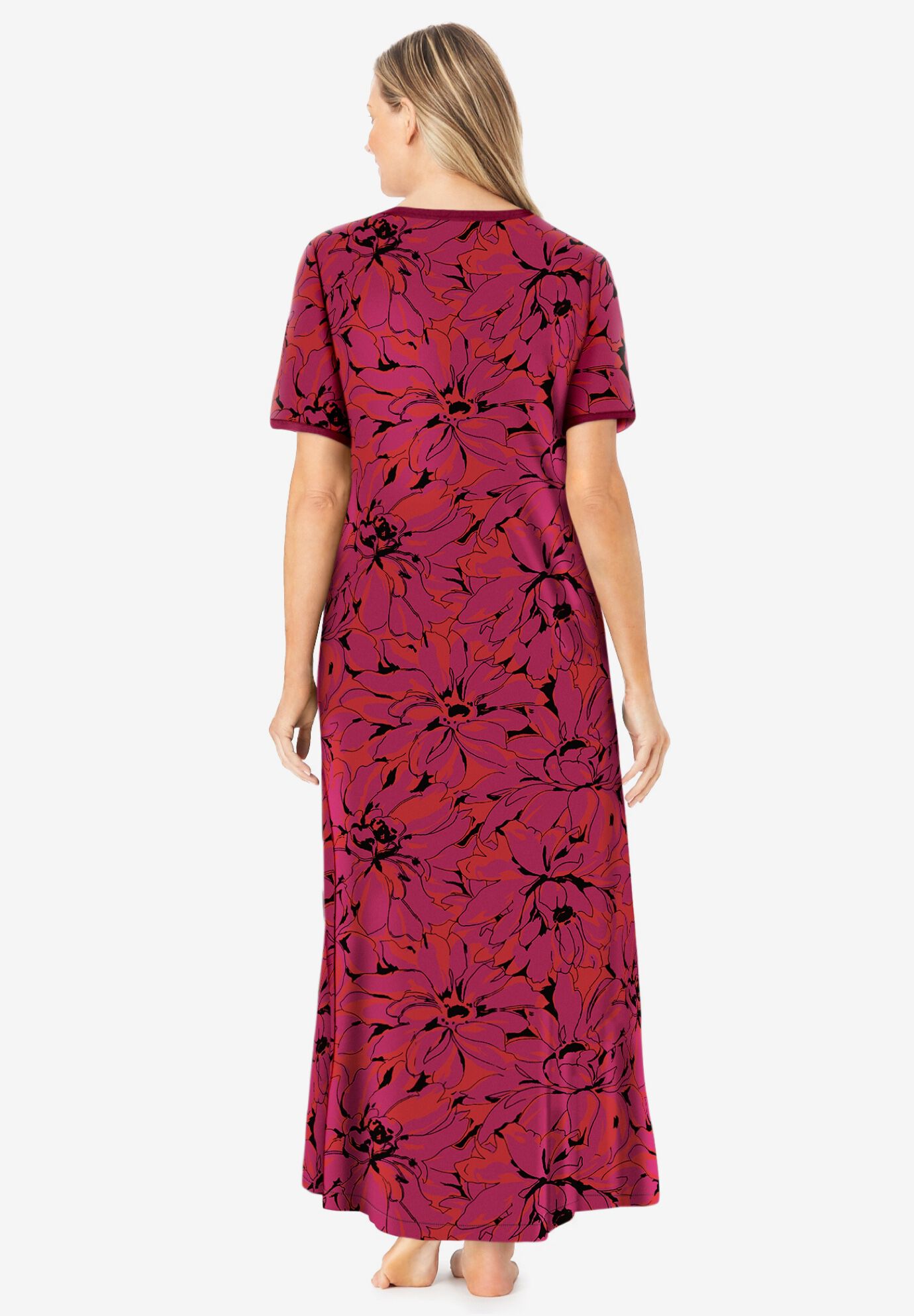 V-Neck Short Sleeve Maxi T-Shirt Lounger, RED FLORAL, on-hover image number 1