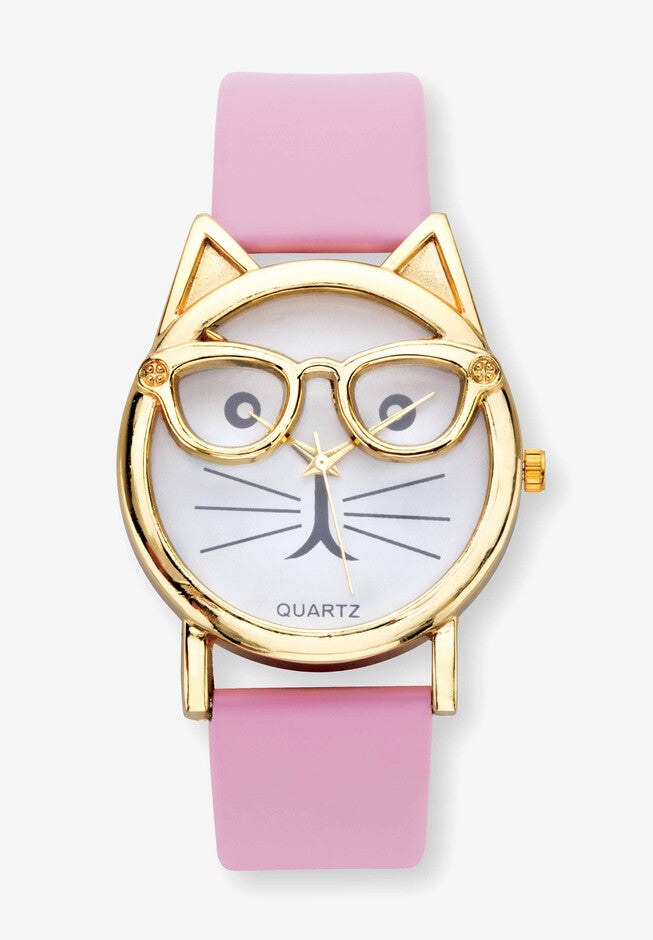 Gold Tone Crystal Bowtie Cat Watch with Adjustable Pink Strap, 8 inches, GOLD, hi-res image number null