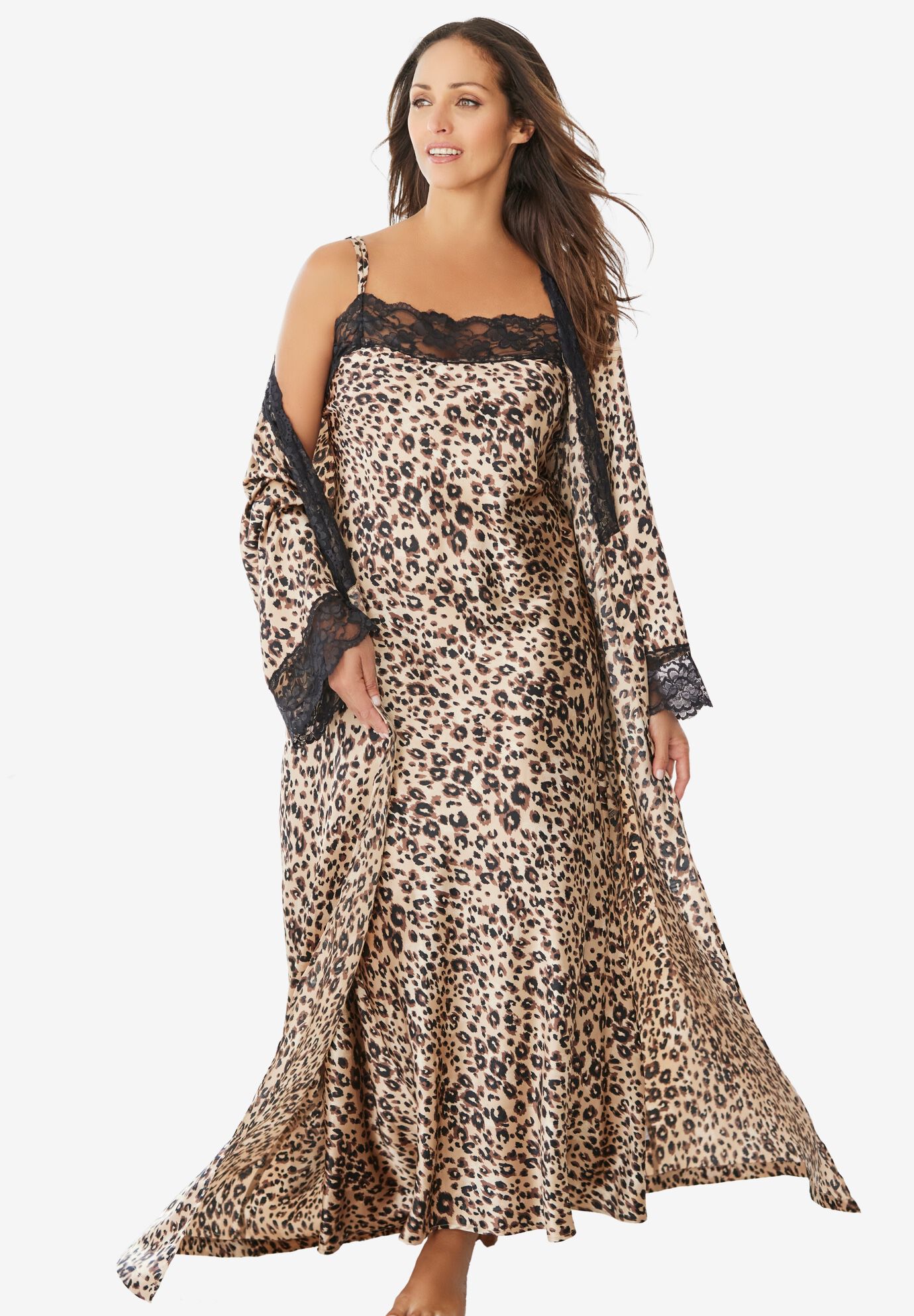 Luxe Satin Peignoir Set - Special Lace Detail, Leopard | Catherines