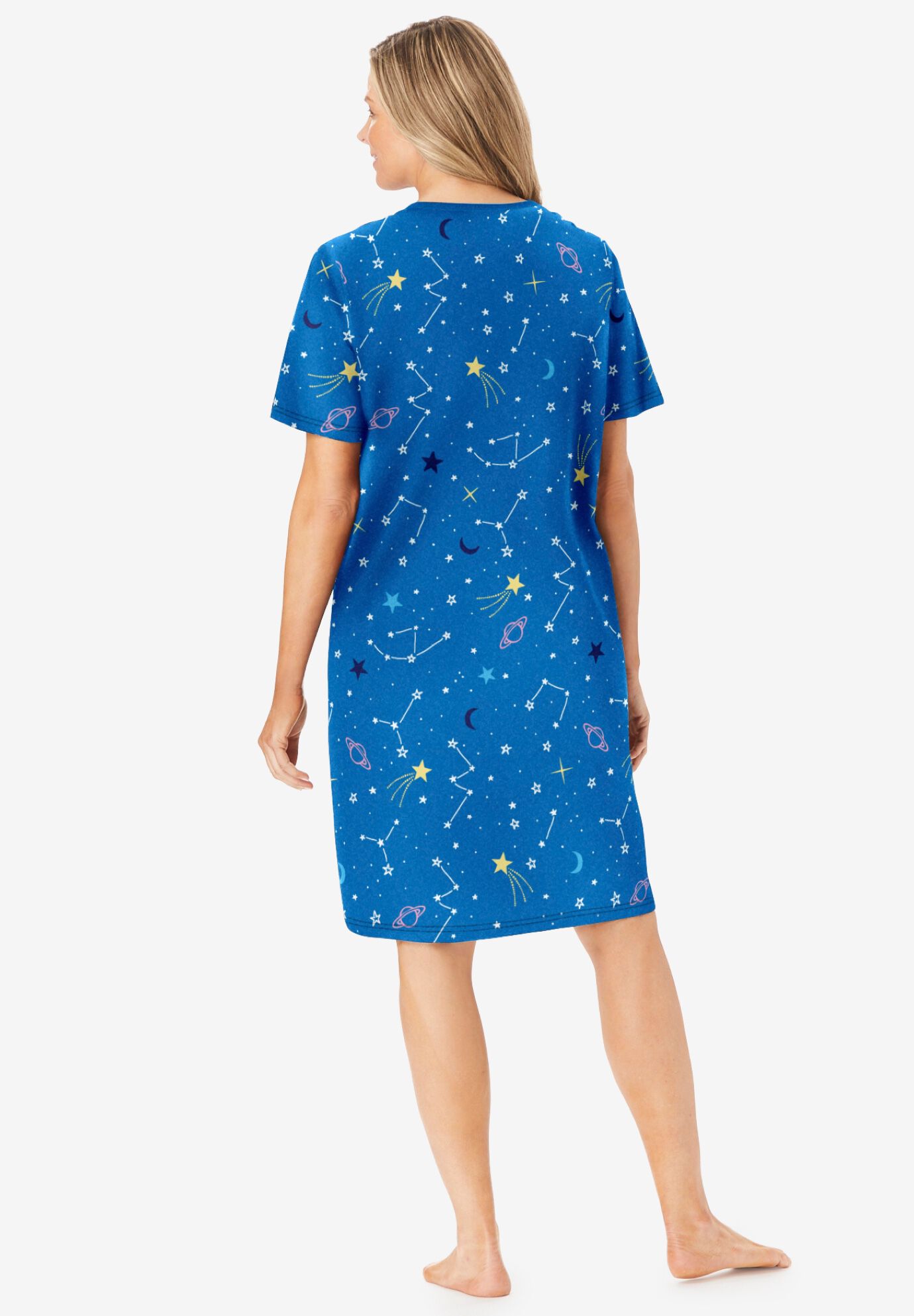 V-Neck Short Sleeve Knee-Length Cotton Sleepshirt, POOL BLUE COSMIC DREAMS, on-hover image number 1