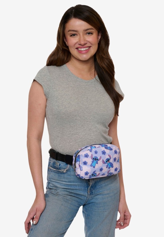 Disney Stitch Belt Bag Belt Bag Crossbody Zippered Floral All-Over Print Blue Faux Leather, , alternate image number 1