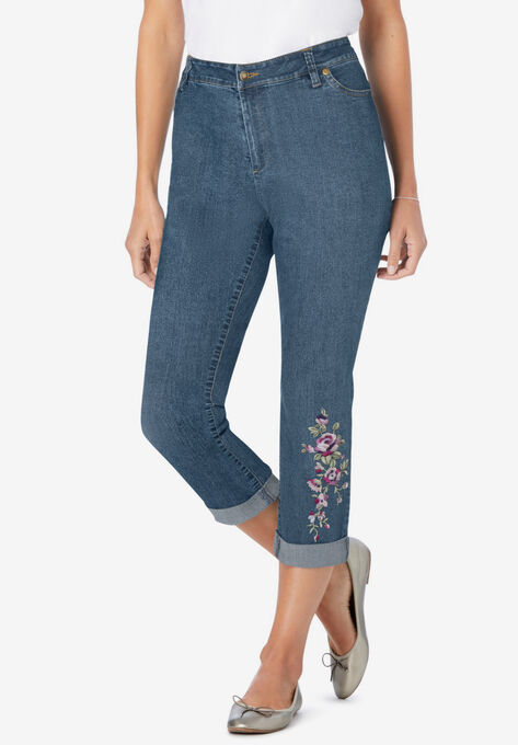 Girlfriend Stretch Jean, MEDIUM STONEWASH BLOOM EMBROIDERY, hi-res image number null