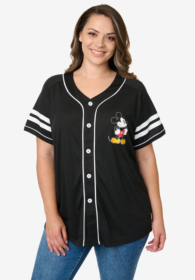 Disney Mickey Mouse Black Baseball Jersey Button Down Shirt, BLACK, hi-res image number null