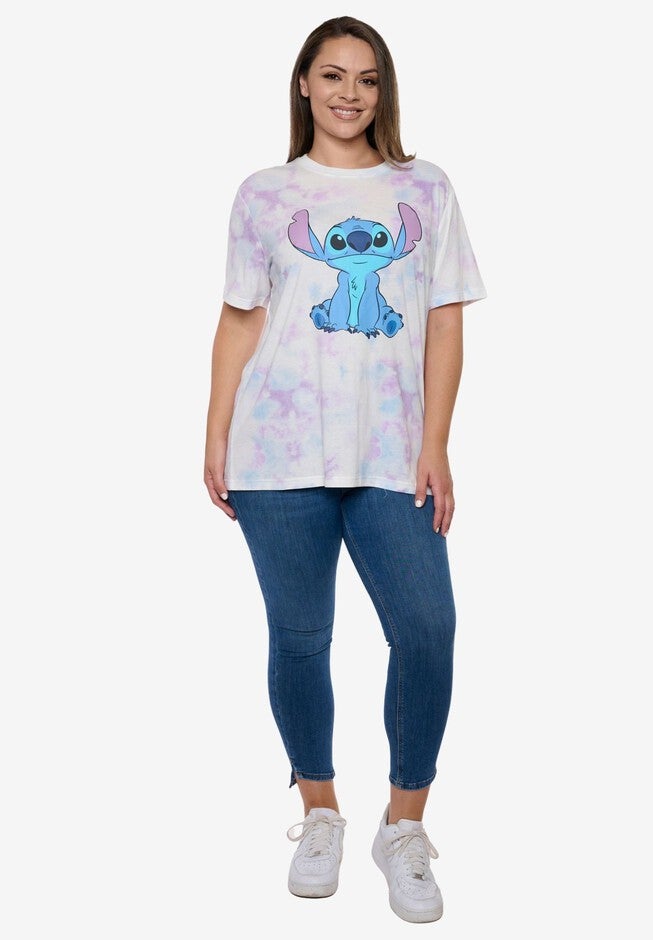 Women's Disney Stitch T-Shirt  Tie Dye Print PastelShort Sleeve White, PINK, alternate image number 4