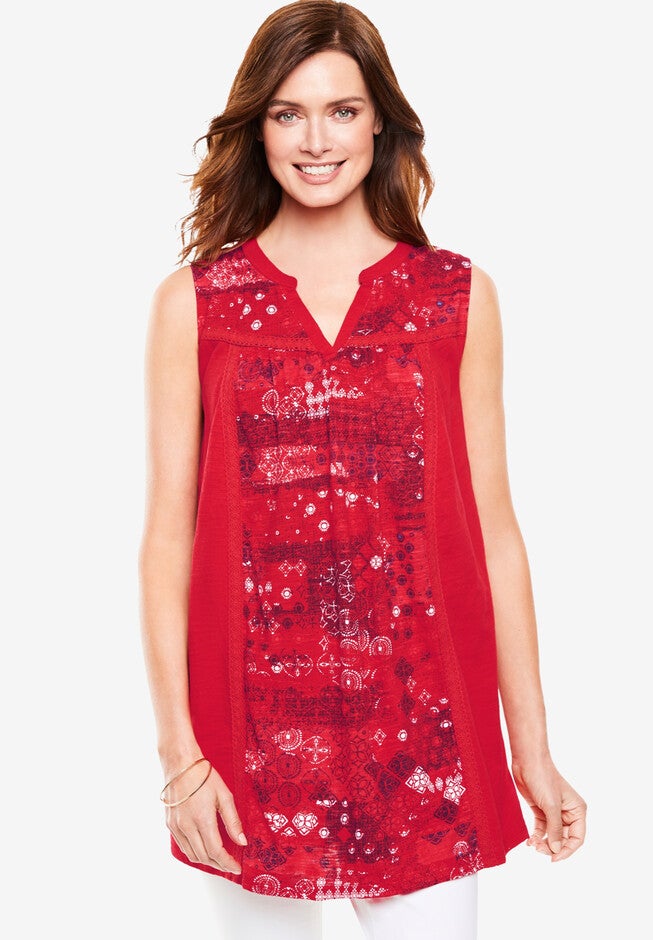 Sleeveless Notch-Neck Tunic, VIVID RED STENCIL BANDANA, hi-res image number null