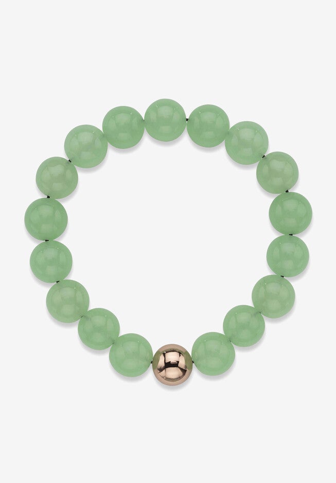 Yellow Gold Stretch Bracelet with Beaded Genuine Green Jade, 7 inches, , on-hover image number 1