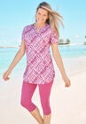 Split-Neck Short Sleeve Swim Tee with Built-In Bra, PINK WATERCOLOR STRIPE, hi-res image number null