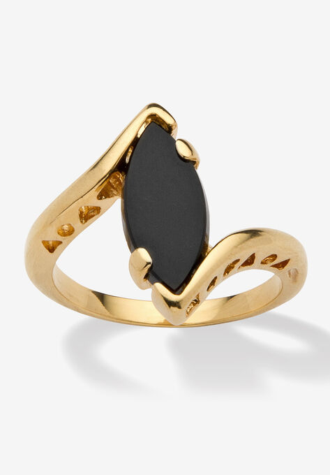 18k Yellow Gold-Plated Natural Black Onyx Marquise Shaped Bypass Ring, GOLD, hi-res image number null