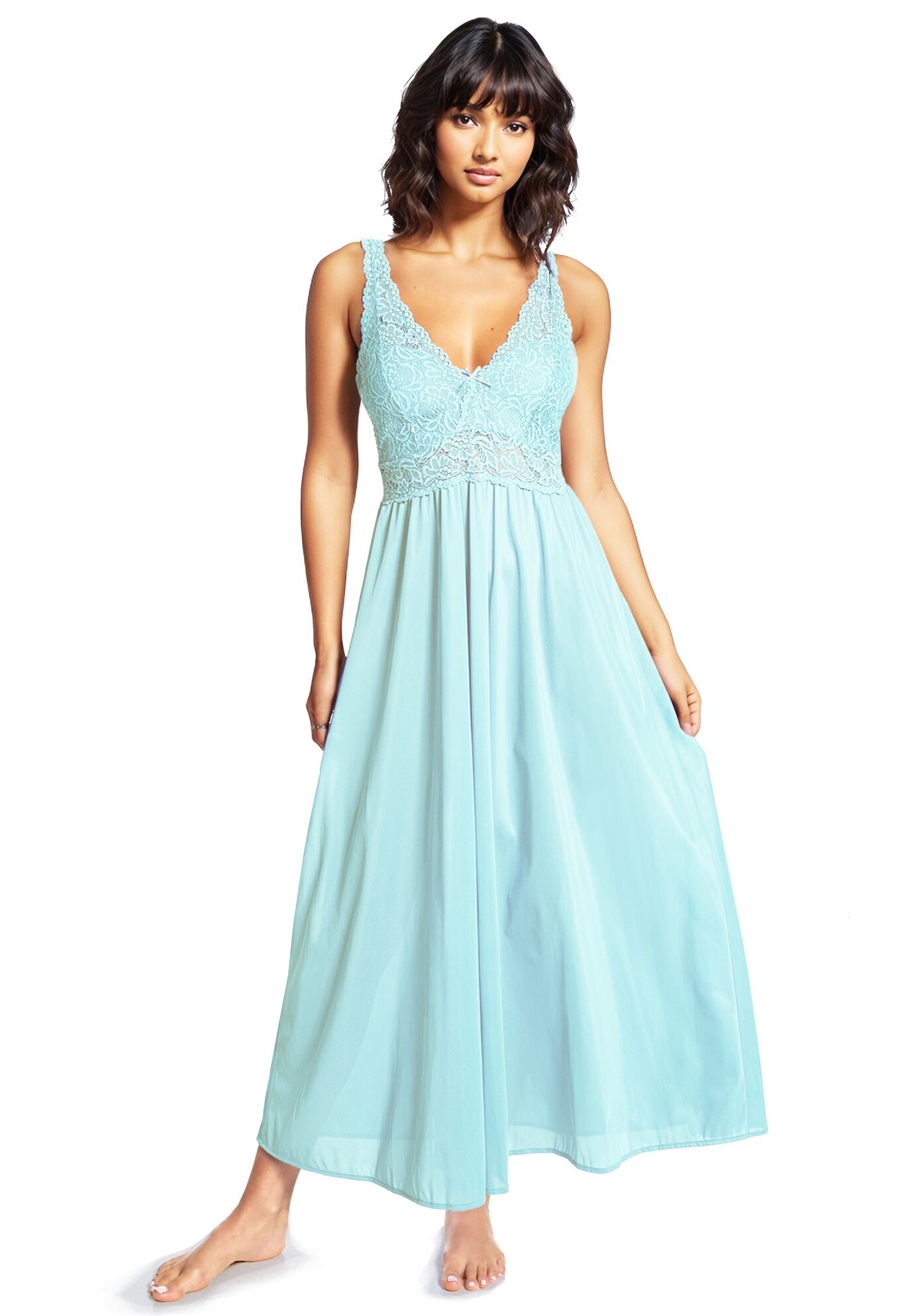 Women'S Classy Nylon Tricot Sleeveless Long With Stretchy Lace Night Gown, AZURE MIST, hi-res image number 0