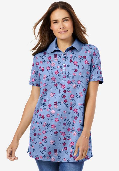 Perfect Printed Short-Sleeve Polo Shirt, FRENCH BLUE PRETTY FLORAL, hi-res image number null