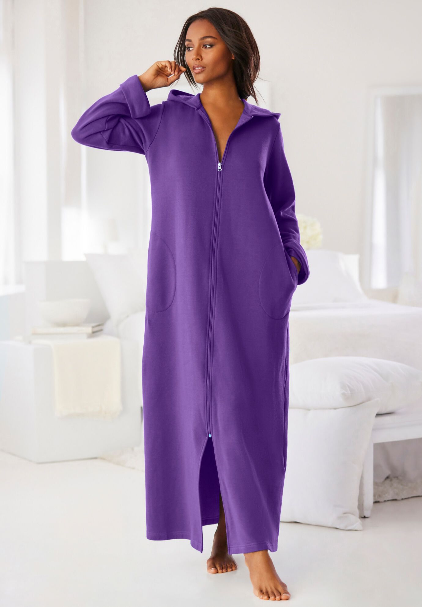 Hooded Fleece Robe with Full FrontZip, Waterfall Hearts Catherines