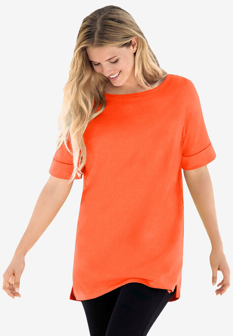 Perfect Cuffed Elbow-Sleeve Boat-Neck Tee, GRENADINE, hi-res image number null