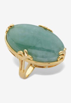 Yellow Gold Plated Genuine Green Jade Oval Cabochon Ring