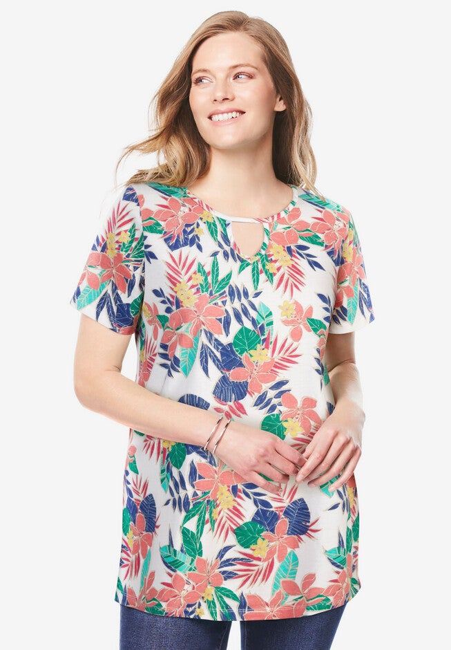 Perfect Printed Short-Sleeve Keyhole Tee, WHITE MULTI PRETTY TROPICANA, hi-res image number 0