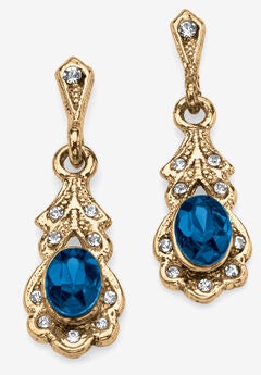 Gold Tone Antiqued Oval Cut Simulated Birthstone Vintage Style Drop Earrings