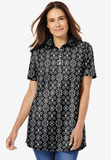 Perfect Printed Short-Sleeve Polo Shirt, BLACK TONAL GEO, hi-res image number null