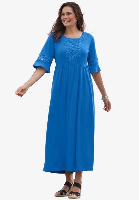 Crochet Trim Empire Knit Dress, BRIGHT COBALT, hi-res image number null