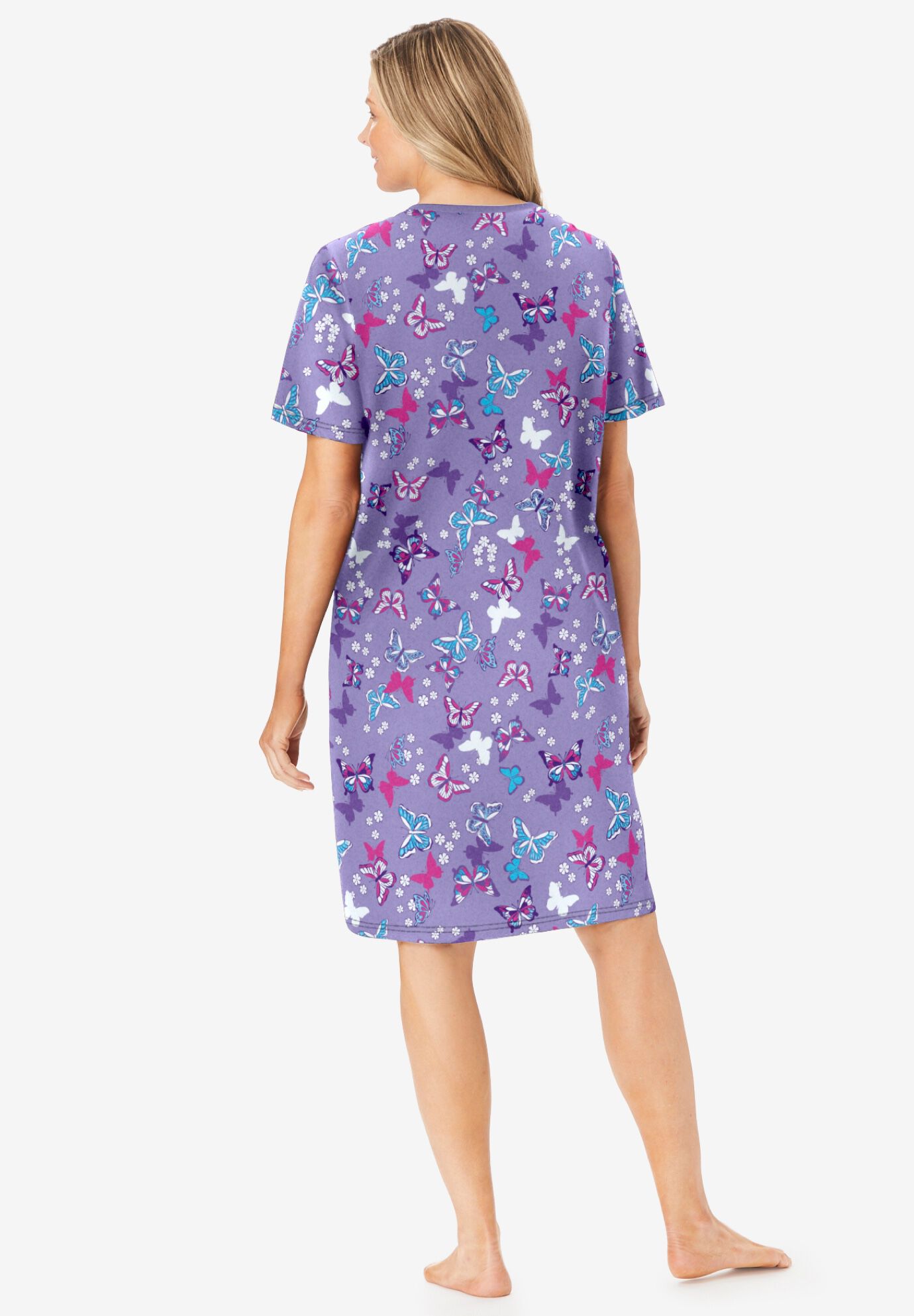 V-Neck Short Sleeve Knee-Length Cotton Sleepshirt, SOFT IRIS BUTTERFLIES, on-hover image number 1