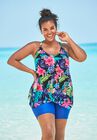 Longer Length Mesh Tankini Top, BLACK TROPICAL FLORAL, hi-res image number null