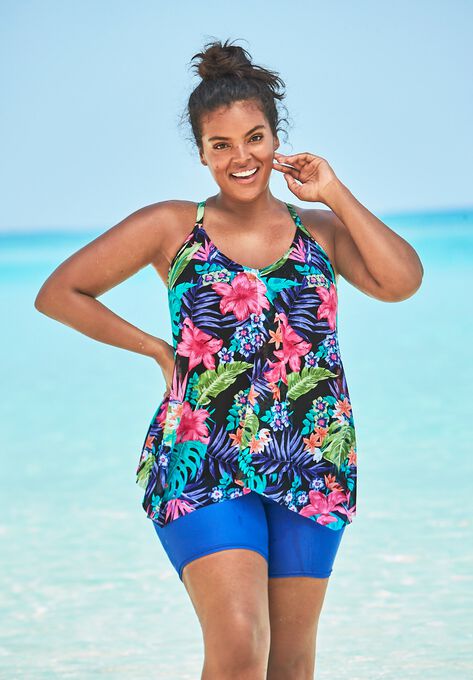Longer Length Mesh Tankini Top, BLACK TROPICAL FLORAL, hi-res image number null