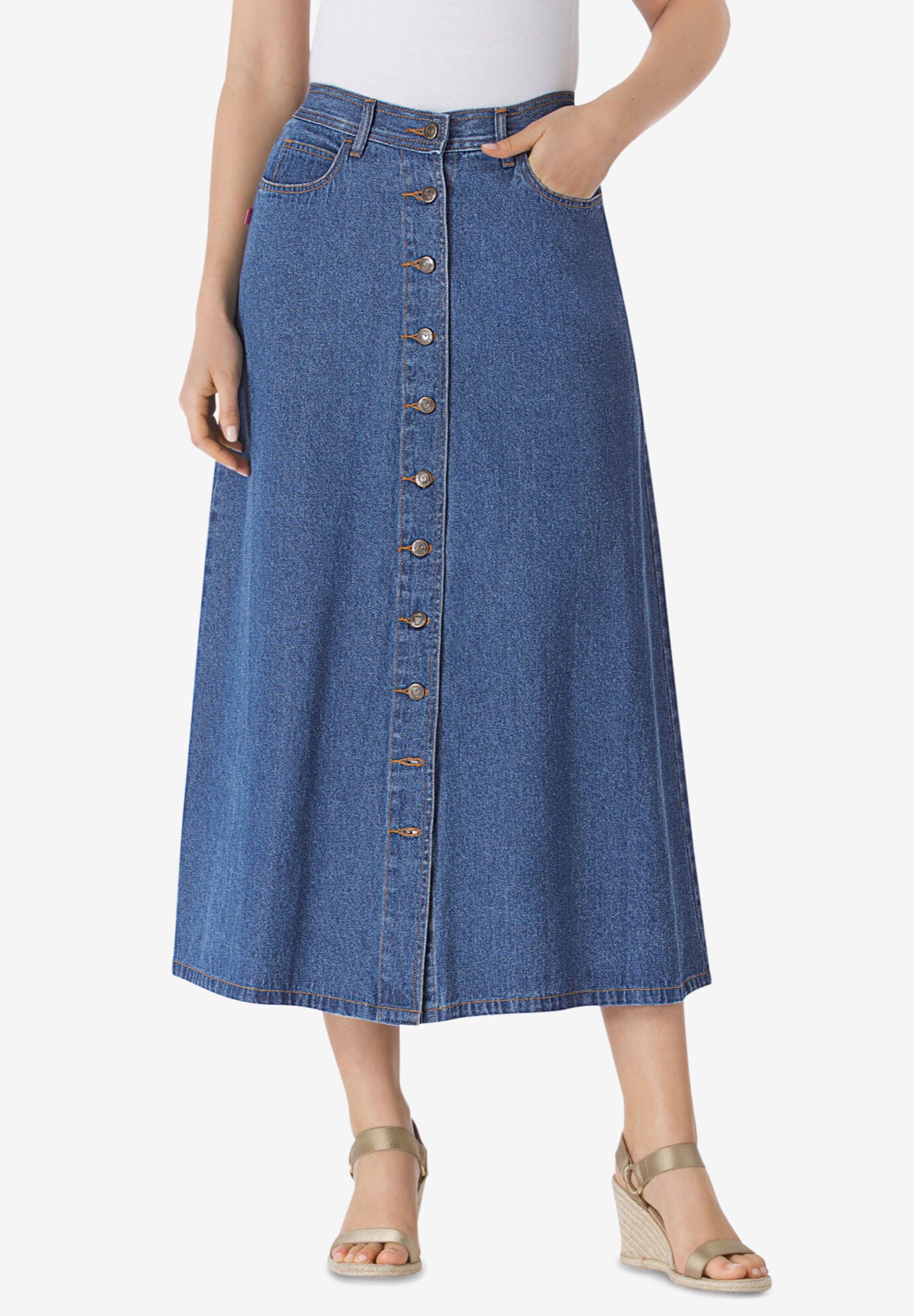 Perfect Cotton Button Front Skirt Catherines