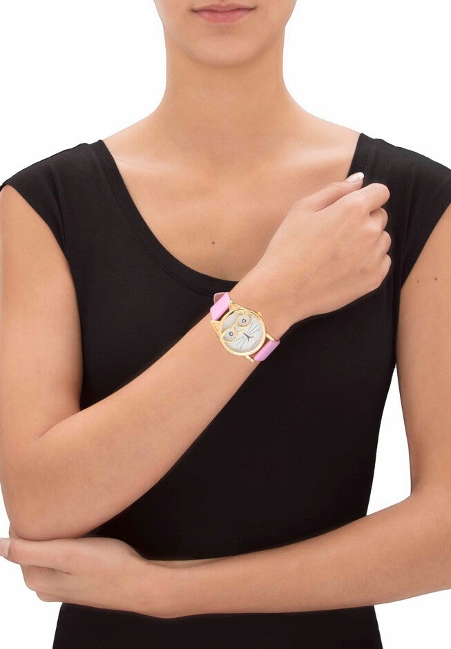 Gold Tone Crystal Bowtie Cat Watch with Adjustable Pink Strap, 8 inches, , alternate image number null