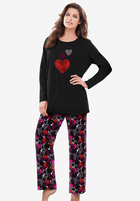 Long Sleeve Knit PJ Set , BLACK MULTI HEART, hi-res image number null