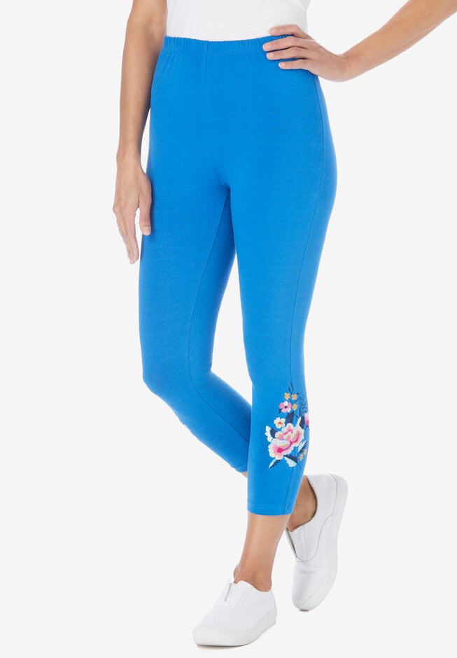 Stretch Cotton Knit Embroidered Legging, BRIGHT COBALT FLORAL PLACEMENT EMBROIDERY, hi-res image number null