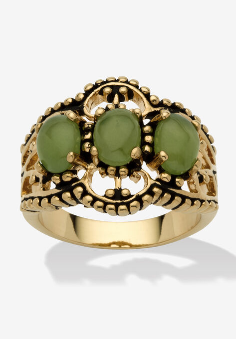 Yellow Gold-Plated Antiqued Genuine Green Jade Ring, JADE, hi-res image number null