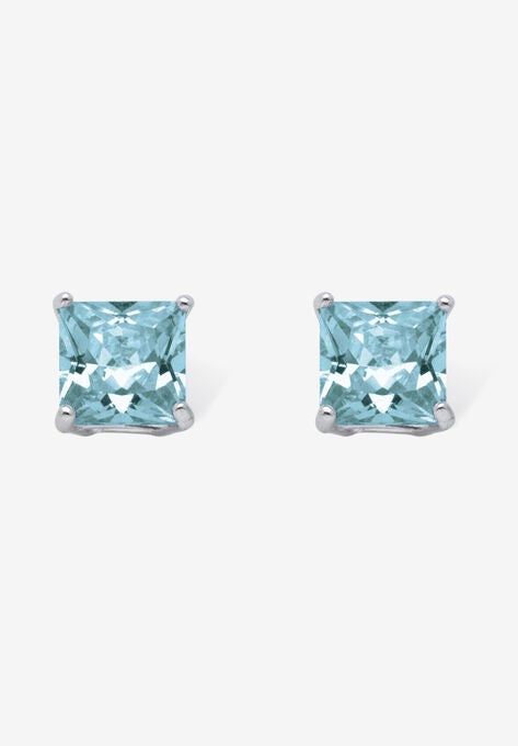 Sterling Silver Stud Princess Cut Simulated Birthstone Stud Earrings, DECEMBER, hi-res image number null