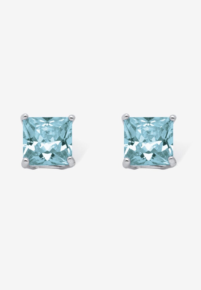 Sterling Silver Stud Princess Cut Simulated Birthstone Stud Earrings, DECEMBER, hi-res image number 0