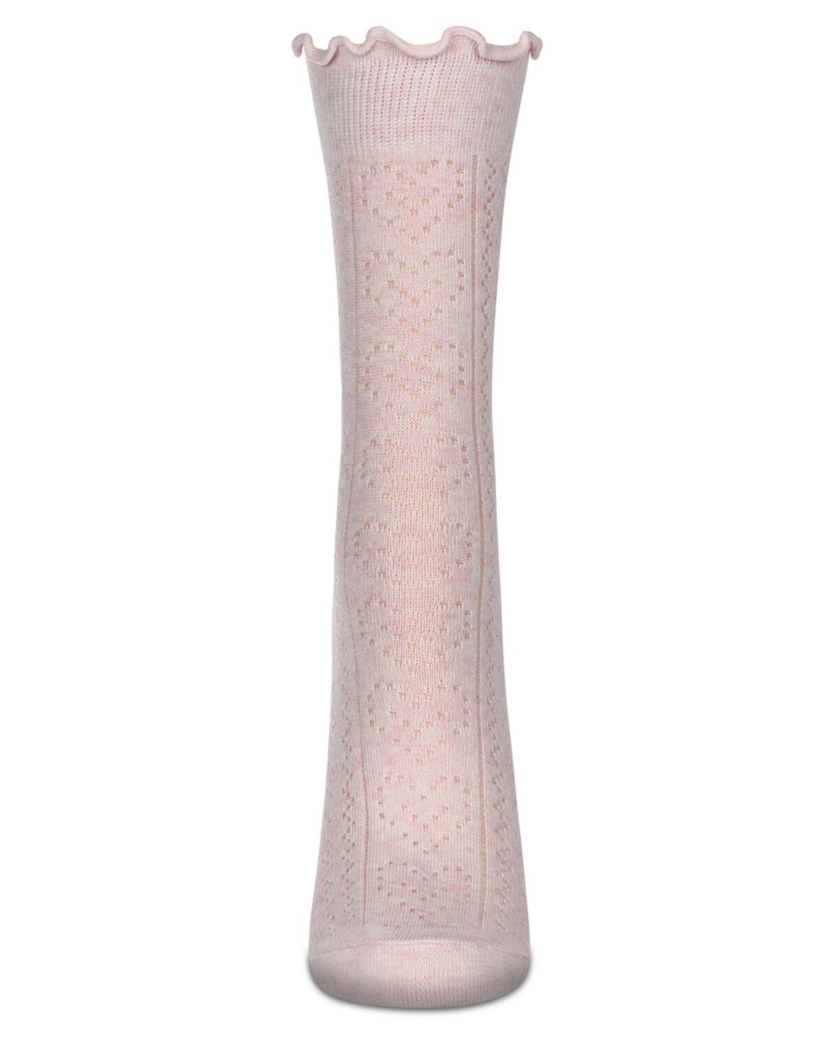 Women's Heart Ruffle Cuff Pointelle Crew Socks, PINK HEATHER, alternate image number 1