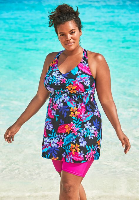 Longer Length Braided Tankini Top , BLACK PARADISE FLORAL, hi-res image number null