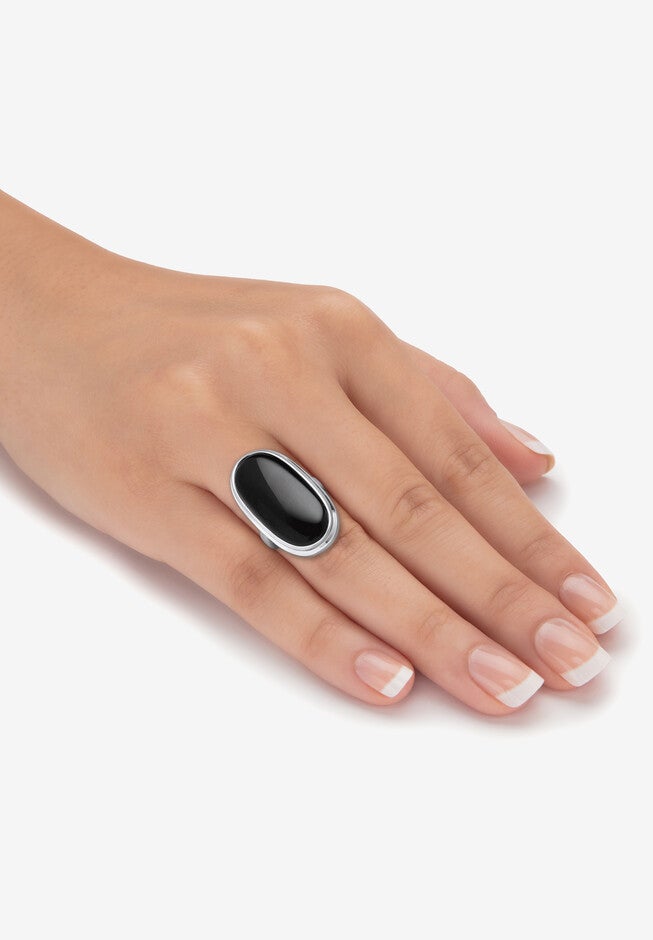 PalmBeach Jewelry Oval Cut Genuine Black Onyx Ring - Gold-Plated Or Silvertone Bezel Set Statement Ring