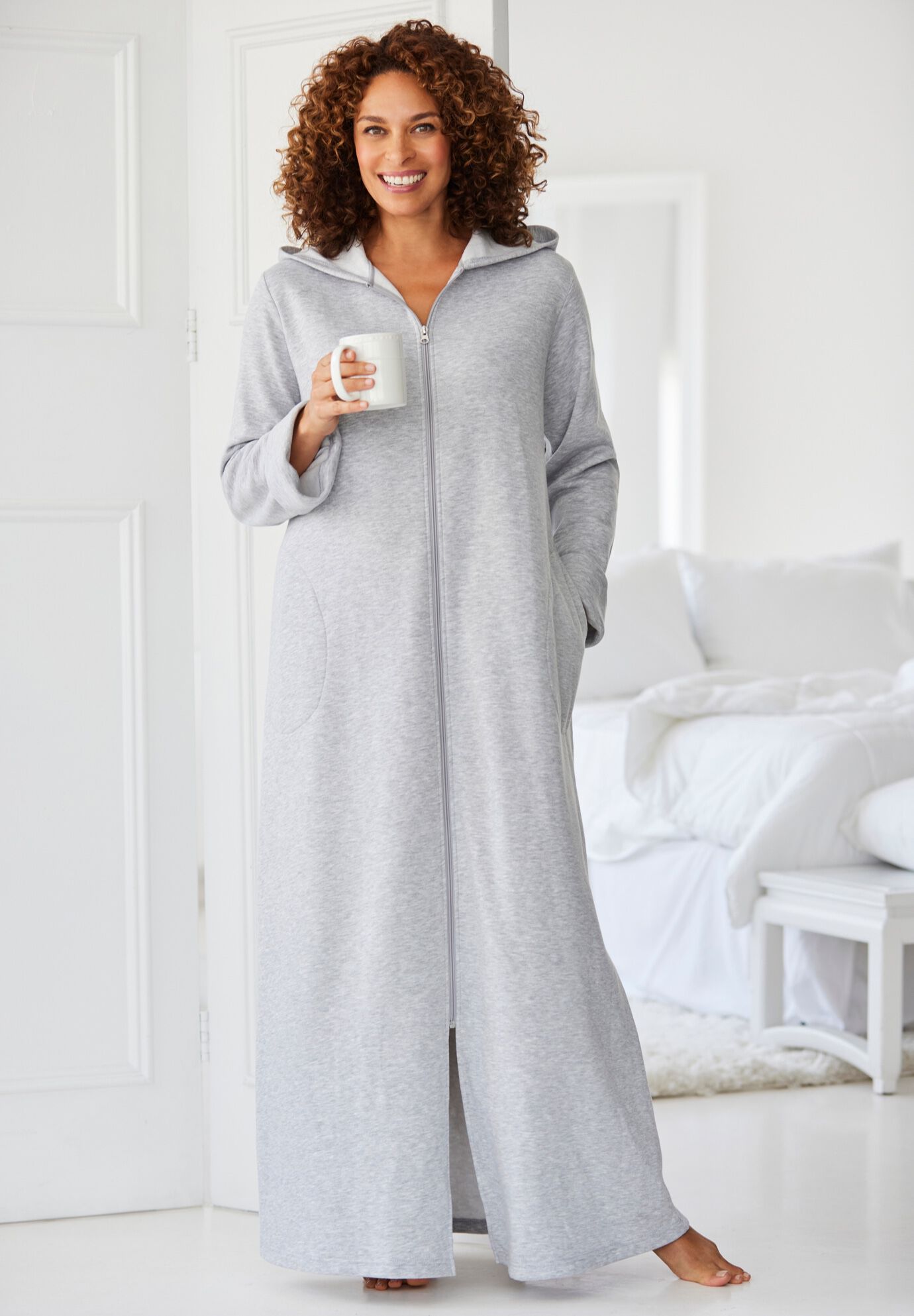 Hooded Fleece Robe with Full FrontZip, Waterfall Hearts Catherines