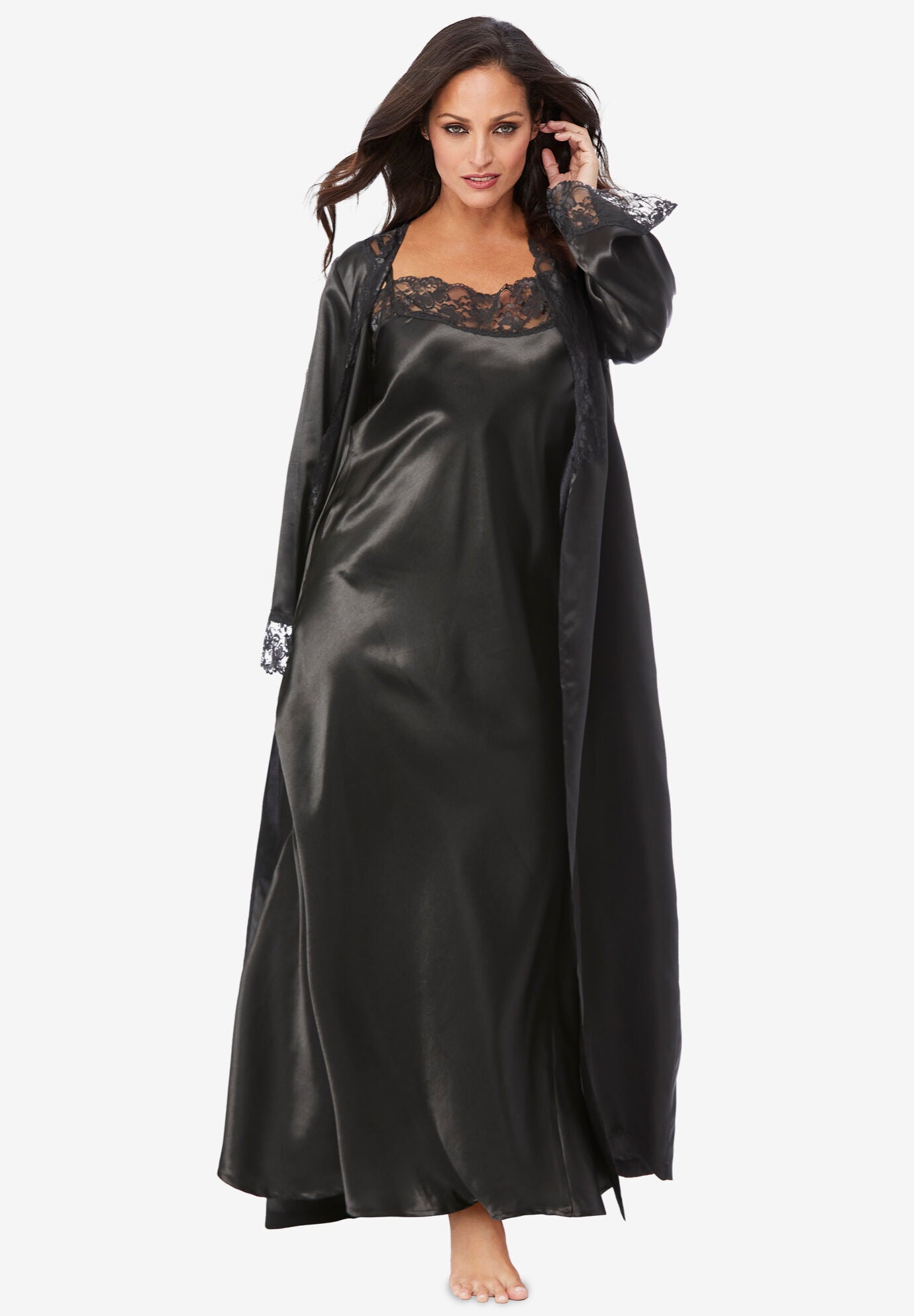 Luxe Satin Peignoir Set - Special Lace Detail, Black | Catherines