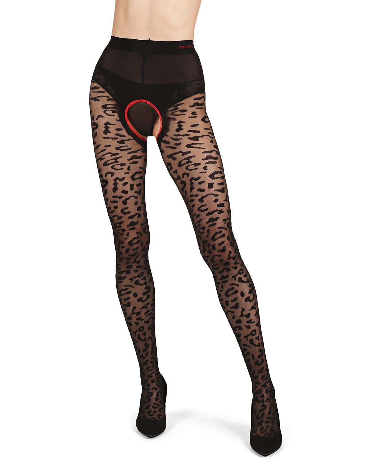 Women Born To Be Wild Leopard Crotchless Sheer Pantyhose, BLACK RED, alternate image number 1