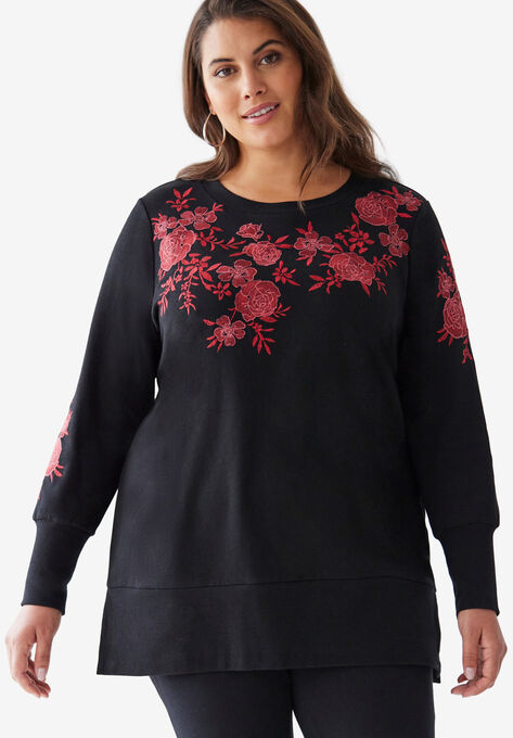 Embroidered Sweatshirt, BLACK ROSE EMBROIDERY, hi-res image number null
