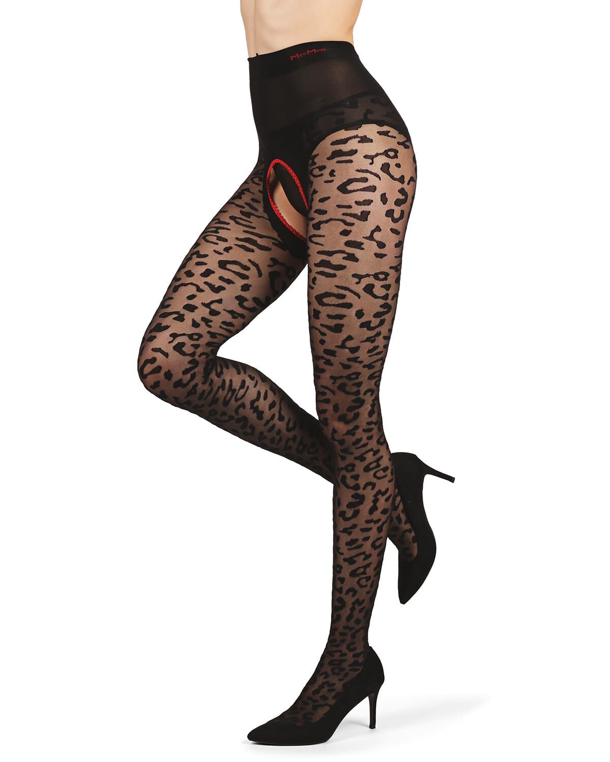Women Born To Be Wild Leopard Crotchless Sheer Pantyhose, BLACK RED, hi-res image number 0