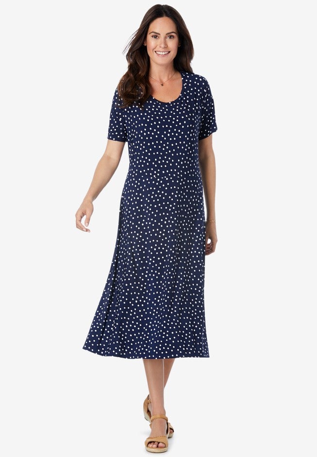 Short Sleeve Fit & Flare Dress, NAVY IVORY DOT, hi-res image number null