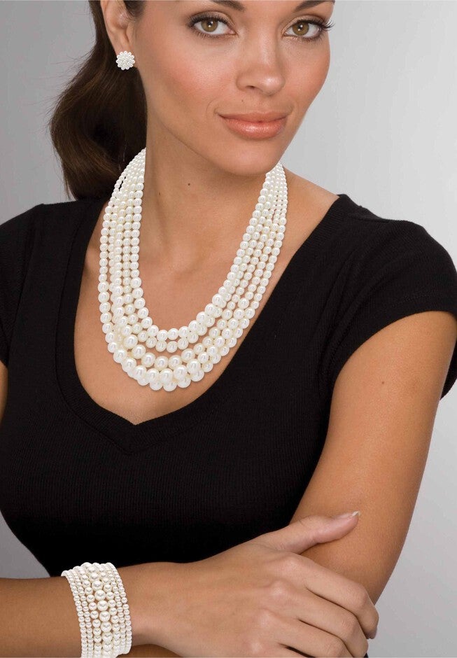Silver Tone Simulated Pearl Multi Strand Necklace, Bracelet and Stud Earring Set, plus Extender, , alternate image number null