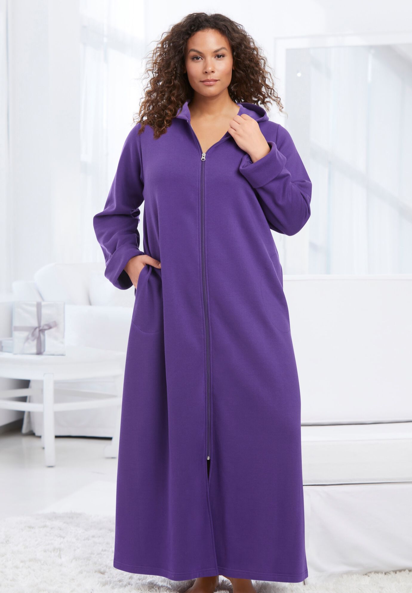 Hooded Fleece Robe with Full FrontZip, Waterfall Hearts Catherines