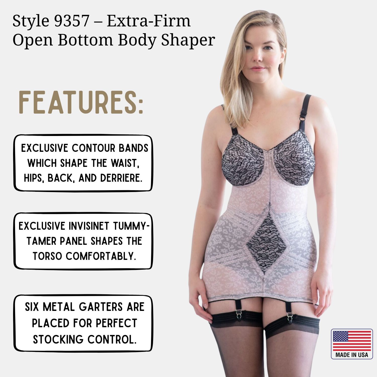 Extra Firm Shaping Lacette Open Bottom Body Briefer with Garters 9357, PINK BLACK, alternate image number 2