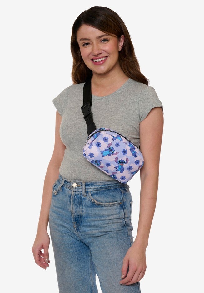 Disney Stitch Belt Bag Belt Bag Crossbody Zippered Floral All-Over Print Blue Faux Leather, , alternate image number 3