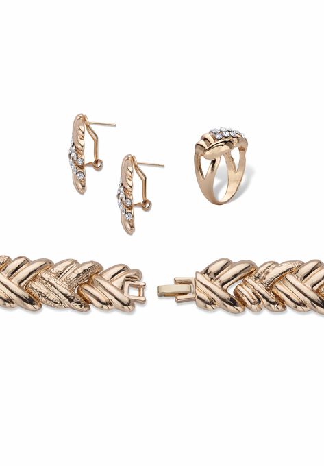 Gold Tone Braided Necklace, Earring, Bracelet and Ring Set, , on-hover image number null