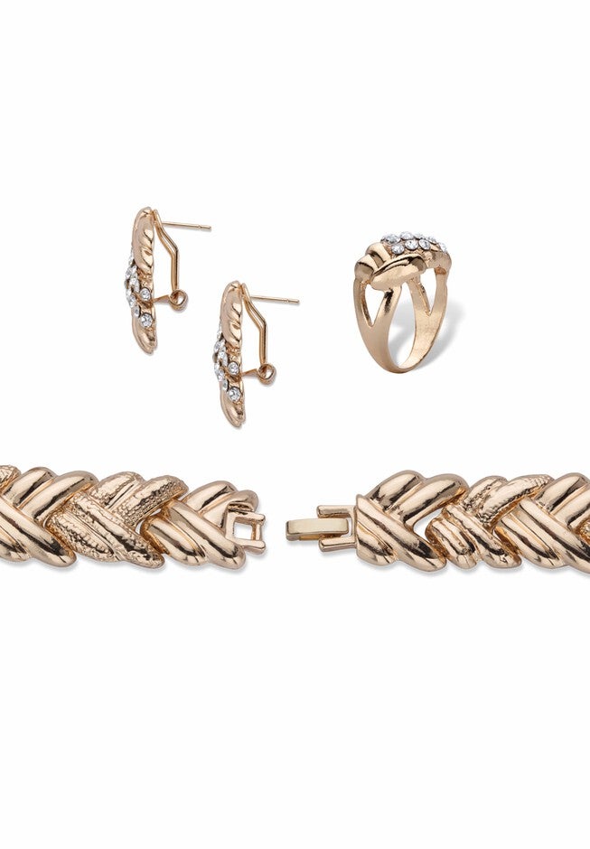 Gold Tone Braided Necklace, Earring, Bracelet and Ring Set, , on-hover image number null