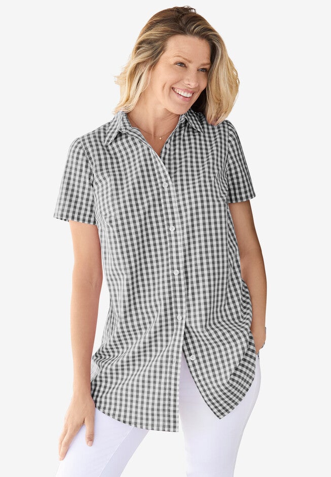 Perfect Short Sleeve Button Down Shirt, BLACK GINGHAM, hi-res image number null