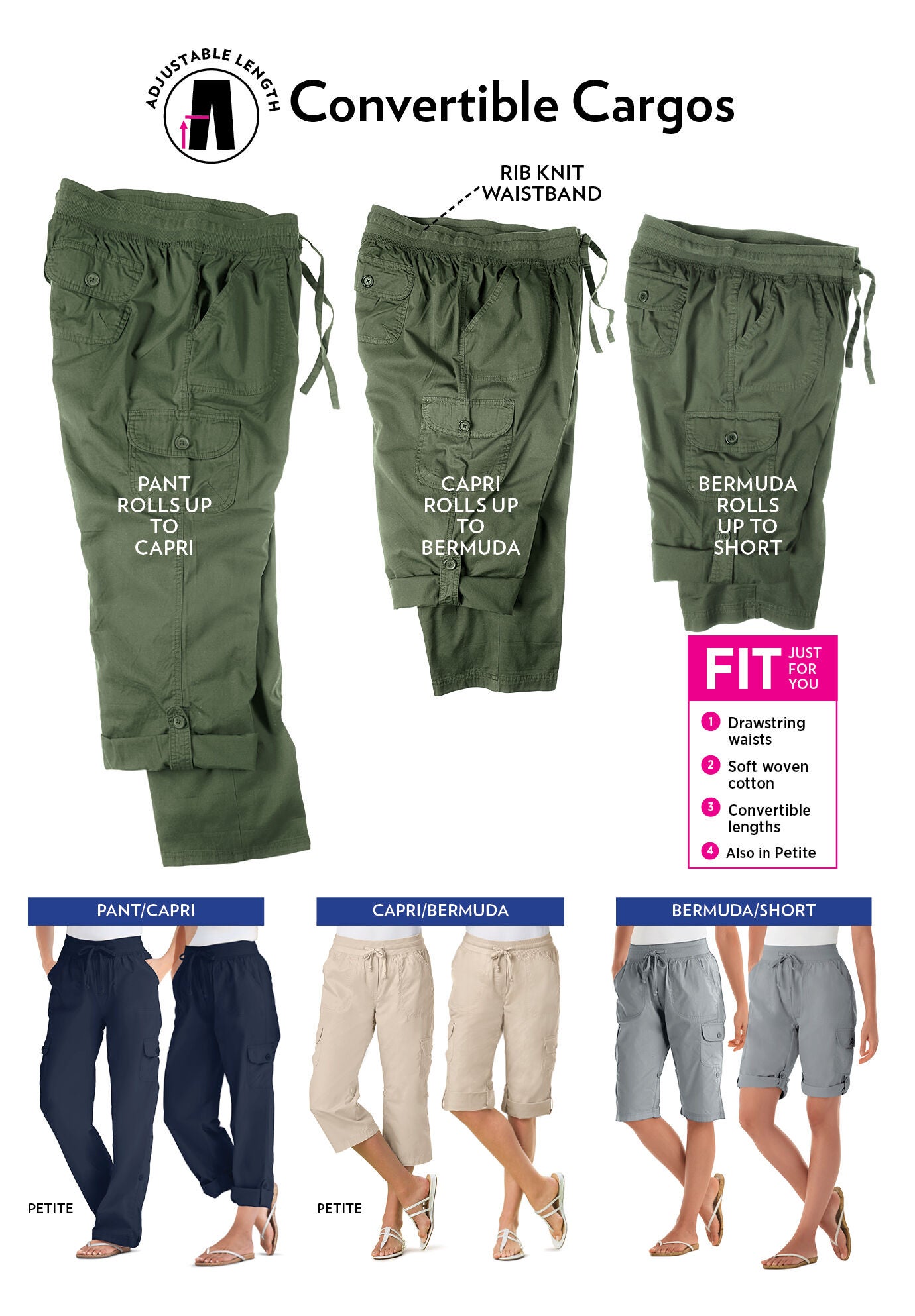 Convertible Length Cargo Capri Pant Catherines